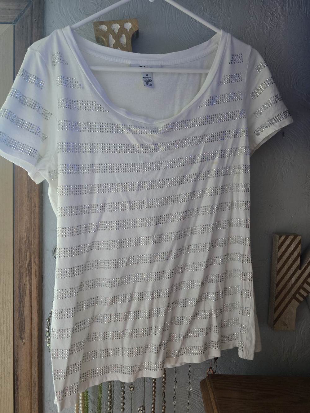 Style & Co. White Short Sleeve Scoop Neck Top with Rhinestone Stripes